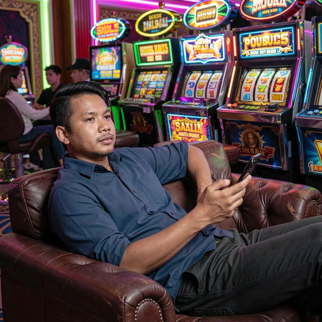 Focused Filipino player using the TAYAGYM mobile casino app while relaxing on a sofa in front of colorful slot machines
