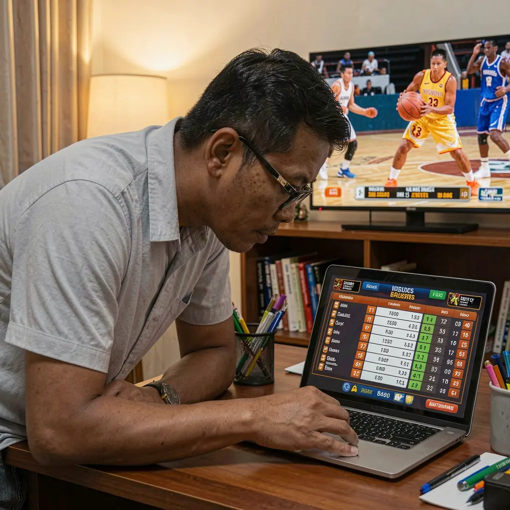 Focused Filipino sports bettor using a laptop with live basketball odds while watching game highlights on TV in a modern betting setup with TAYAGYM