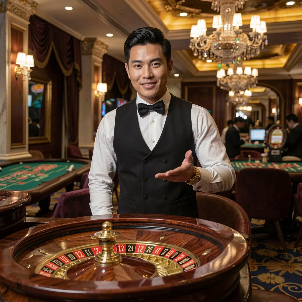 Luxury casino dealer beside a roulette wheel in a glamorous gaming hall highlighting the premium live casino experience offered by TAYAGYM in the Philippines