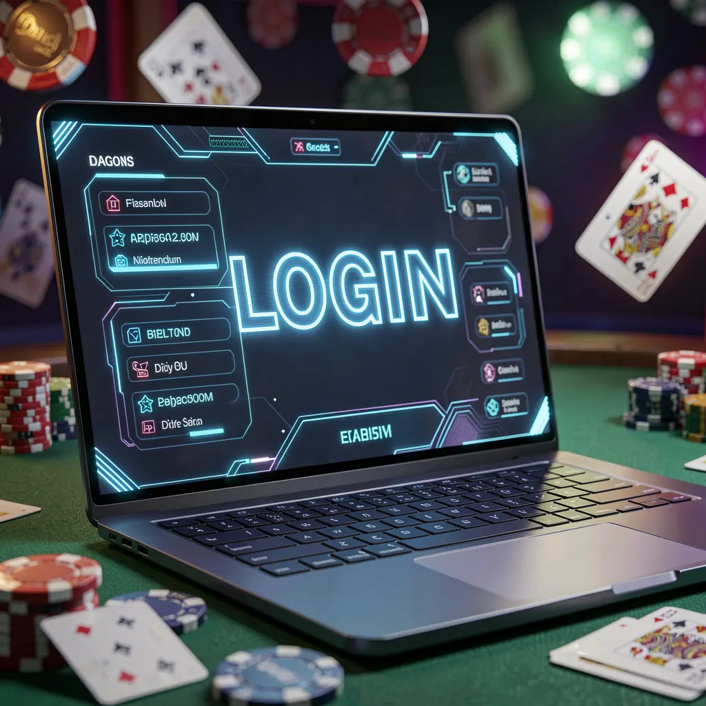 Modern laptop with a glowing login interface surrounded by blurred casino chips and cards representing secure account access at TAYAGYM for players in the Philippines